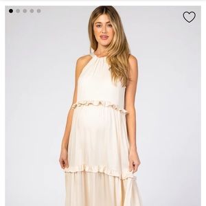 Ivory Pleated Ruffle Tier Halter Maternity Midi Dress